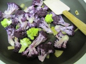 I decided to sauté the cauliflower because it preserves the purple color best.